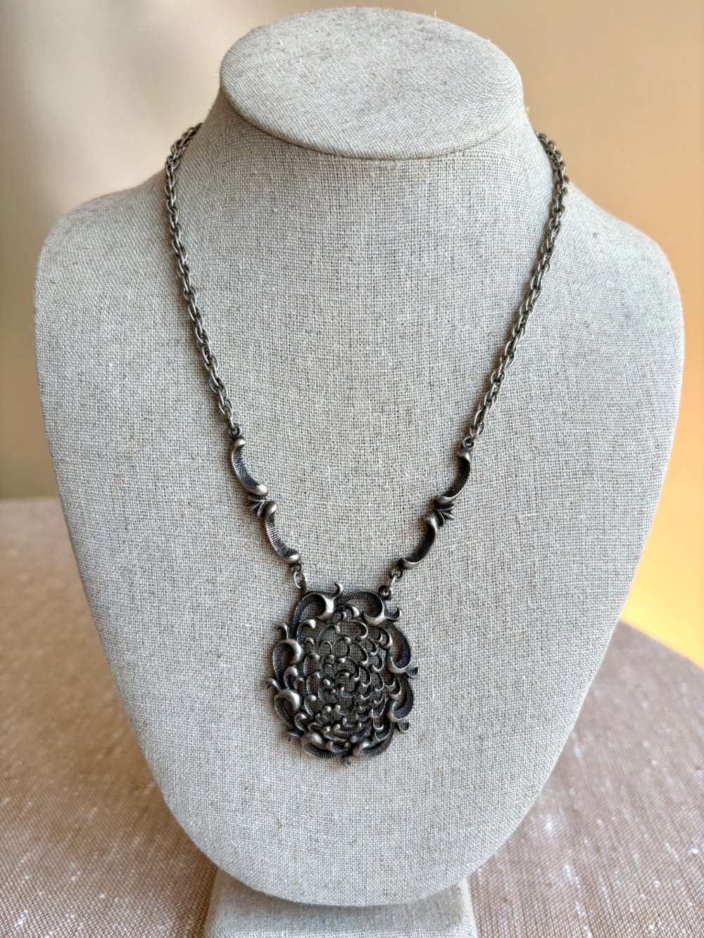Vintage Amway Jewelry 1970s Spanish Gothic Scroll Silver Tone Statement Necklace